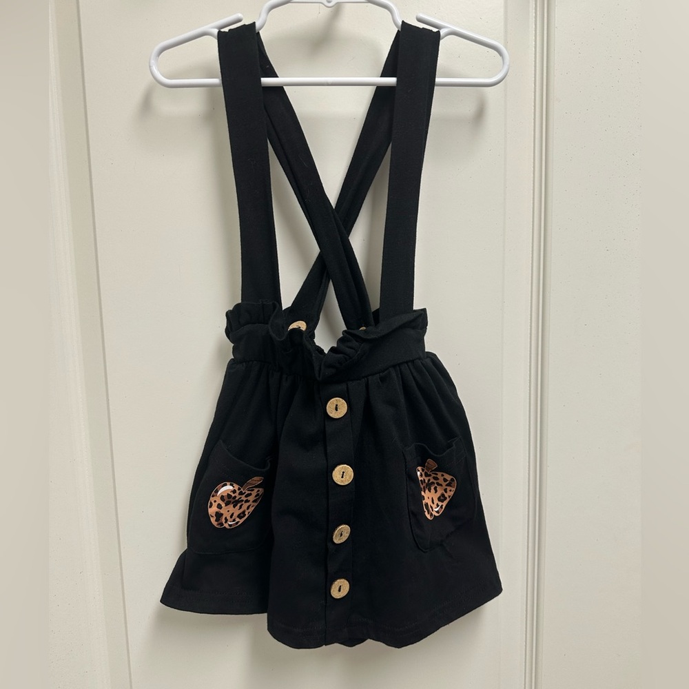 Toddler Girls Overall Skirt Dress Black with Cheetah Apples SZ 4T
